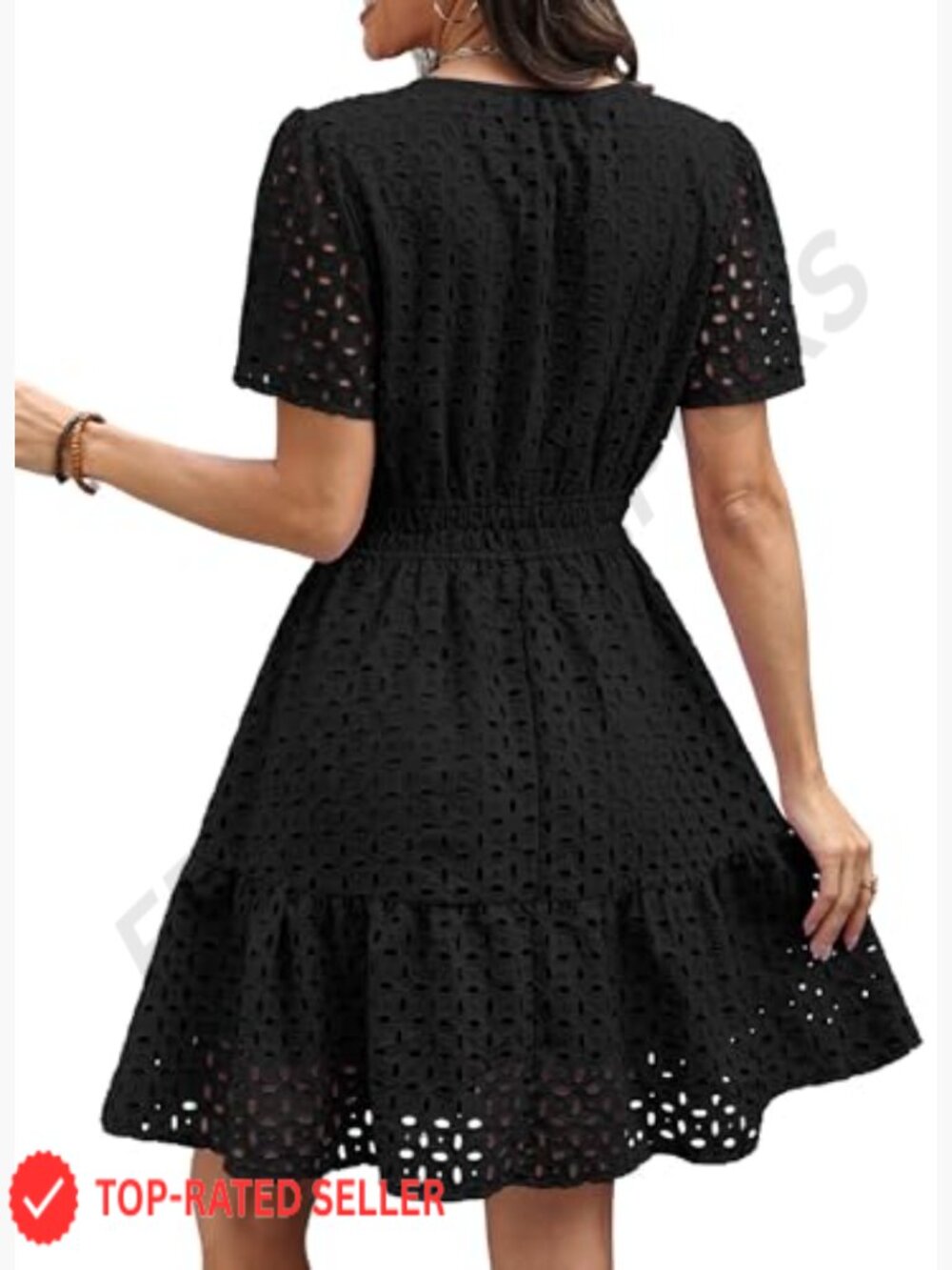 Summer V Neck Eyelet Lace A Line Mini Dress Short Puff Sleeve Ruffle Hem - Picture 5 of 7